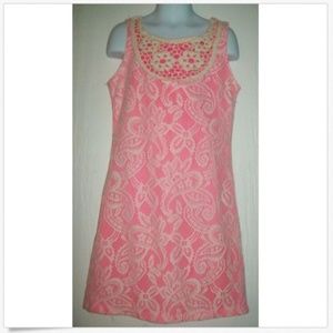 Girls Dress White Crochet Lace Overlay Pink 10/12